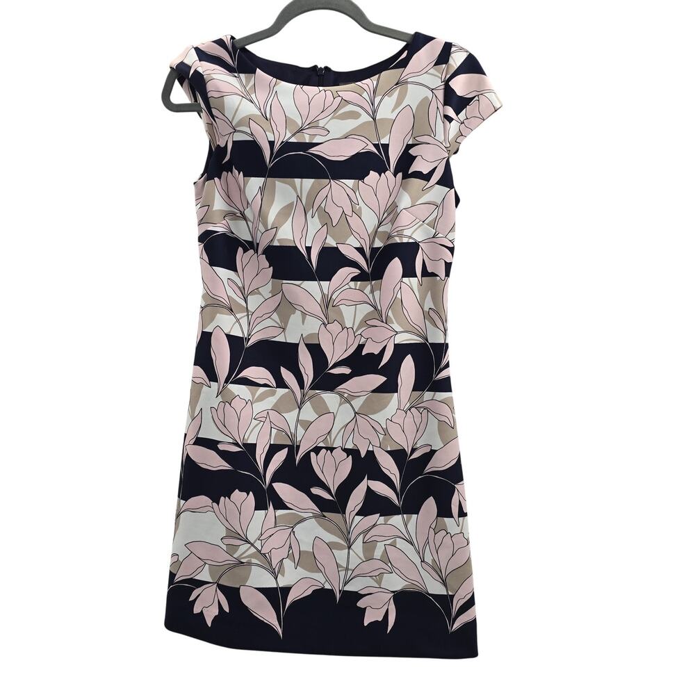 Vince Camuto Dress Womens 2 Navy Pink Beige Floral Sheath Stretch Party Wedding
